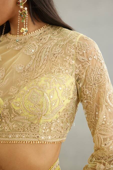 Torani Yellow Cotton Satin Sequins Round Neck Gul Mina Ojasvi Embroidered Blouse at Aza Fashions Torani_Yellow Cotton Satin Sequins Round Neck Gul Mina Ojasvi Embroidered Blouse _at_Aza_Fashions