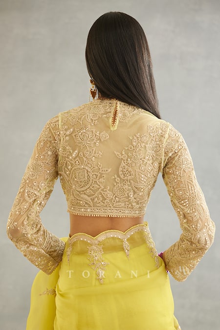Shop Torani Yellow Cotton Satin Sequins Round Neck Gul Mina Ojasvi Embroidered Blouse at Aza Fashions Shop_Torani_Yellow Cotton Satin Sequins Round Neck Gul Mina Ojasvi Embroidered Blouse _at_Aza_Fashions