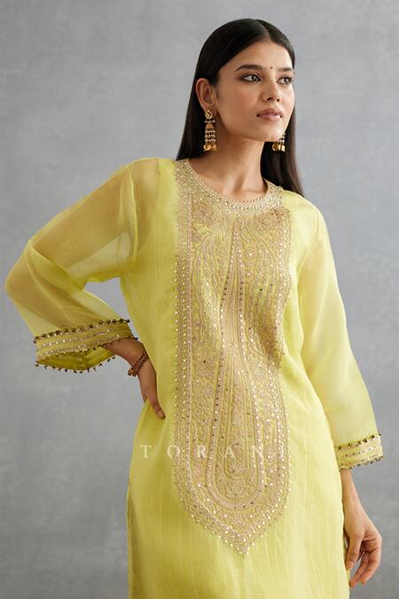 Torani Yellow Silk Organza, Cotton Gul Mina Revathi Dori Embroidered Kurta And Pant Set Online at Aza Fashions Torani_Yellow Silk Organza, Cotton Gul Mina Revathi Dori Embroidered Kurta And Pant Set _Online_at_Aza_Fashions