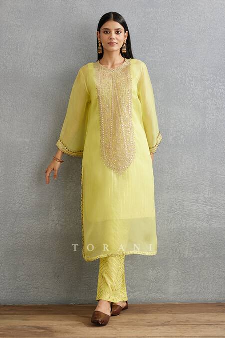 Torani Yellow Silk Organza, Cotton Gul Mina Revathi Dori Embroidered Kurta And Pant Set at Aza Fashions Torani_Yellow Silk Organza, Cotton Gul Mina Revathi Dori Embroidered Kurta And Pant Set _at_Aza_Fashions