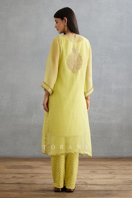 Shop Torani Yellow Silk Organza, Cotton Gul Mina Revathi Dori Embroidered Kurta And Pant Set at Aza Fashions Shop_Torani_Yellow Silk Organza, Cotton Gul Mina Revathi Dori Embroidered Kurta And Pant Set _at_Aza_Fashions