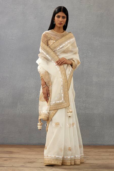 Torani_Ivory Silk Organza, Cotton Embroidery, Sequins Gul Bano Taashi Border Saree _Online_at_Aza_Fashions