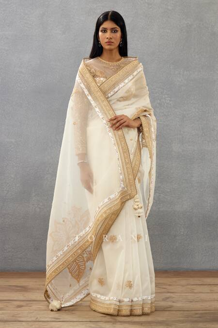 Shop_Torani_Ivory Silk Organza, Cotton Embroidery, Sequins Gul Bano Taashi Border Saree _Online_at_Aza_Fashions