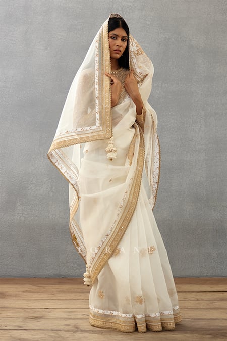 Torani_Ivory Silk Organza, Cotton Embroidery, Sequins Gul Bano Taashi Border Saree _at_Aza_Fashions