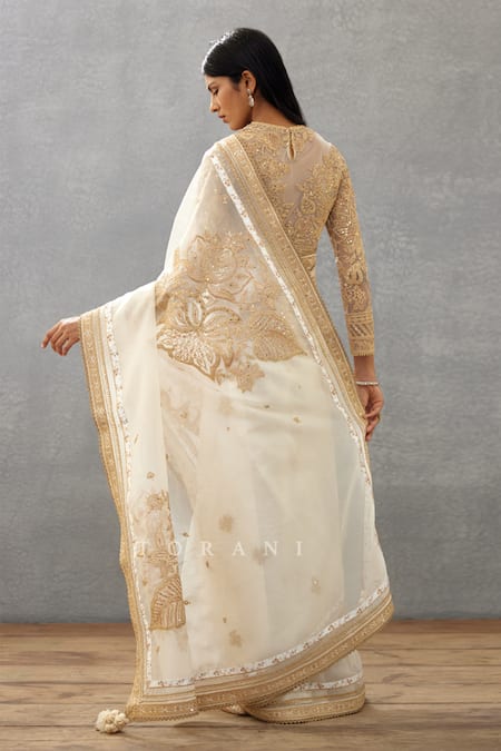 Shop_Torani_Ivory Silk Organza, Cotton Embroidery, Sequins Gul Bano Taashi Border Saree _at_Aza_Fashions