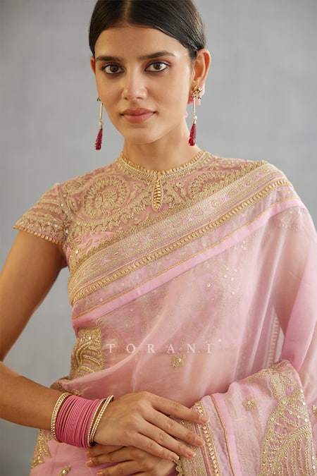 Torani Pink Cotton, Silk Organza Embroidery, Sequins Gul Mohar Taashi Dori Saree Online at Aza Fashions Torani_Pink Cotton, Silk Organza Embroidery, Sequins Gul Mohar Taashi Dori Saree _Online_at_Aza_Fashions