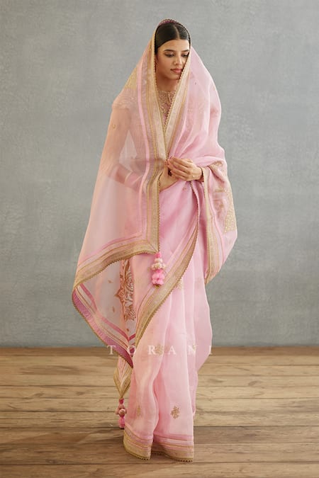 Torani Pink Cotton, Silk Organza Embroidery, Sequins Gul Mohar Taashi Dori Saree at Aza Fashions Torani_Pink Cotton, Silk Organza Embroidery, Sequins Gul Mohar Taashi Dori Saree _at_Aza_Fashions