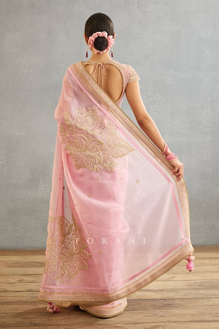 Shop Torani Pink Cotton, Silk Organza Embroidery, Sequins Gul Mohar Taashi Dori Saree at Aza Fashions Shop_Torani_Pink Cotton, Silk Organza Embroidery, Sequins Gul Mohar Taashi Dori Saree _at_Aza_Fashions