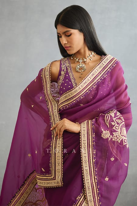 Shop_Torani_Purple Silk Organza Printed Gul Rez Taashi Dori Embroidered Saree  _Online_at_Aza_Fashions
