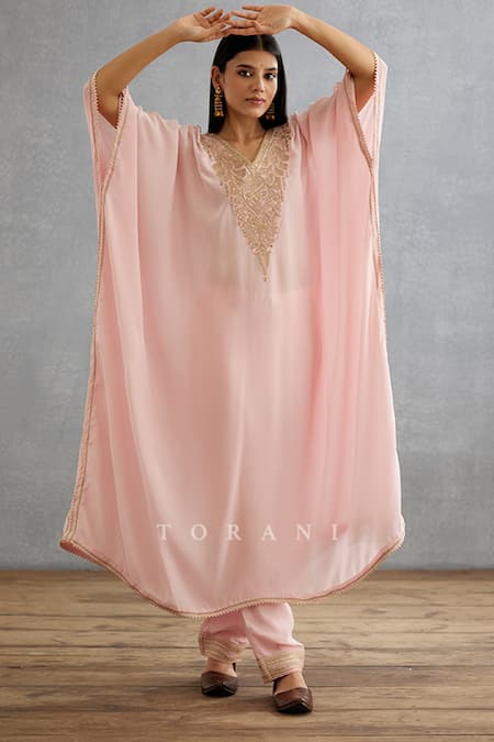 Torani Pink Cotton, Silk Embroidery V-neck Gul Mohar Yoke Kaftan And Pant Set Online at Aza Fashions Torani_Pink Cotton, Silk Embroidery V-neck Gul Mohar Yoke Kaftan And Pant Set _Online_at_Aza_Fashions
