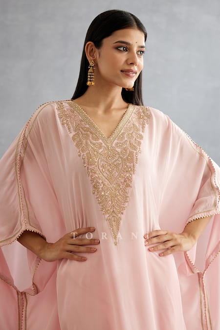 Buy Torani Pink Cotton, Silk Embroidery V-neck Gul Mohar Yoke Kaftan And Pant Set Online at Aza Fashions Buy_Torani_Pink Cotton, Silk Embroidery V-neck Gul Mohar Yoke Kaftan And Pant Set _Online_at_Aza_Fashions