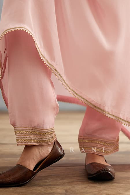 Shop Torani Pink Cotton, Silk Embroidery V-neck Gul Mohar Yoke Kaftan And Pant Set Online at Aza Fashions Shop_Torani_Pink Cotton, Silk Embroidery V-neck Gul Mohar Yoke Kaftan And Pant Set _Online_at_Aza_Fashions