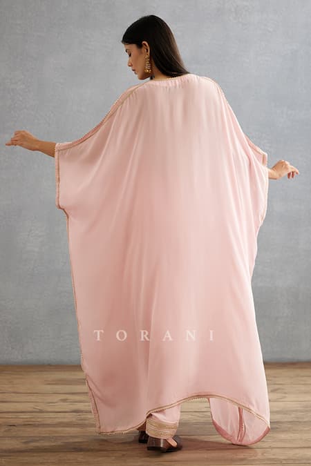 Shop Torani Pink Cotton, Silk Embroidery V-neck Gul Mohar Yoke Kaftan And Pant Set at Aza Fashions Shop_Torani_Pink Cotton, Silk Embroidery V-neck Gul Mohar Yoke Kaftan And Pant Set _at_Aza_Fashions