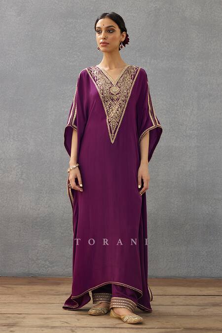 Torani Purple Cotton, Silk Embroidery V-neck Gul Rez Ashni Paisley Kaftan And Pant Set Online at Aza Fashions Torani_Purple Cotton, Silk Embroidery V-neck Gul Rez Ashni Paisley Kaftan And Pant Set_Online_at_Aza_Fashions