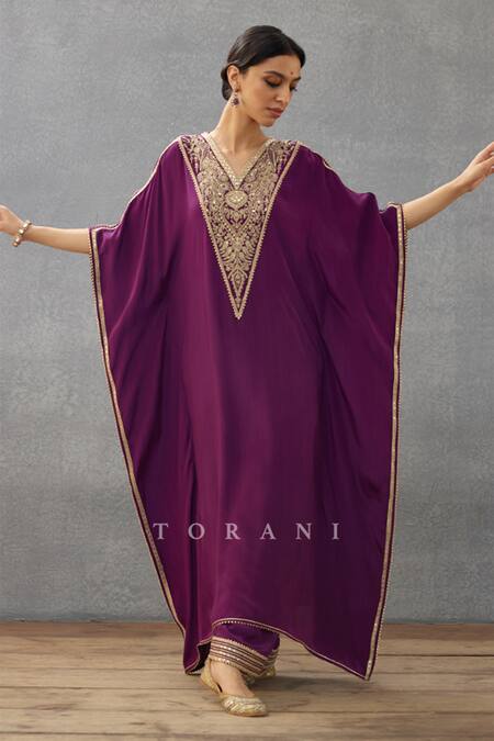Buy Torani Purple Cotton, Silk Embroidery V-neck Gul Rez Ashni Paisley Kaftan And Pant Set Online at Aza Fashions Buy_Torani_Purple Cotton, Silk Embroidery V-neck Gul Rez Ashni Paisley Kaftan And Pant Set_Online_at_Aza_Fashions