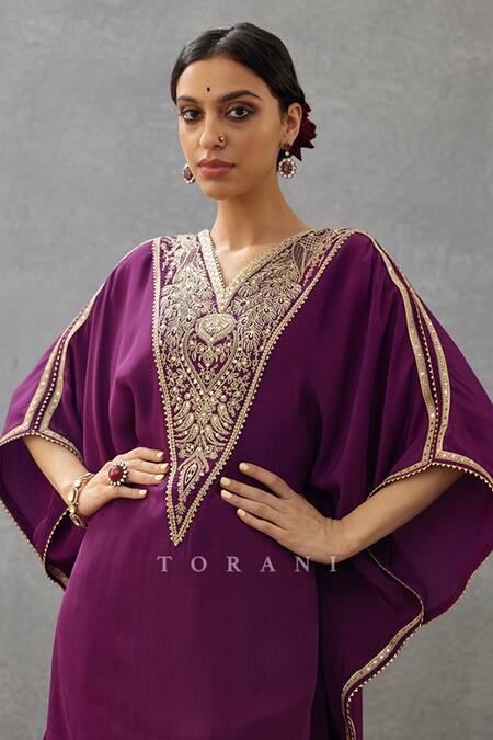 Shop Torani Purple Cotton, Silk Embroidery V-neck Gul Rez Ashni Paisley Kaftan And Pant Set Online at Aza Fashions Shop_Torani_Purple Cotton, Silk Embroidery V-neck Gul Rez Ashni Paisley Kaftan And Pant Set_Online_at_Aza_Fashions