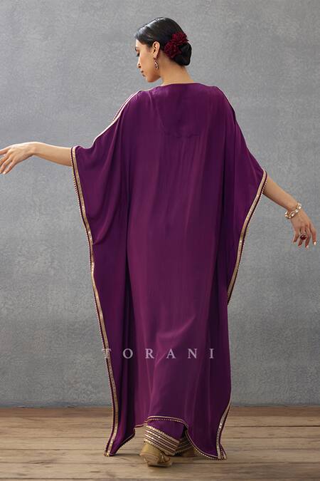 Shop Torani Purple Cotton, Silk Embroidery V-neck Gul Rez Ashni Paisley Kaftan And Pant Set at Aza Fashions Shop_Torani_Purple Cotton, Silk Embroidery V-neck Gul Rez Ashni Paisley Kaftan And Pant Set_at_Aza_Fashions