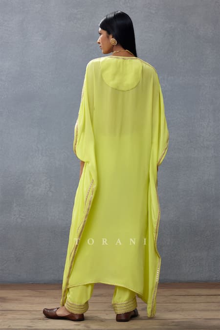 Shop Torani Yellow Cotton, Silk Sequins, Diamonds, Embroidery Paisley Kaftan And Pant Set at Aza Fashions Shop_Torani_Yellow Cotton, Silk Sequins, Diamonds, Embroidery Paisley Kaftan And Pant Set _at_Aza_Fashions