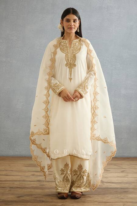 Shop_Torani_Ivory Cotton, Silk Embroidery, Lace Split V-neck Gul Bano Pushti Dori Kurta Set _Online_at_Aza_Fashions