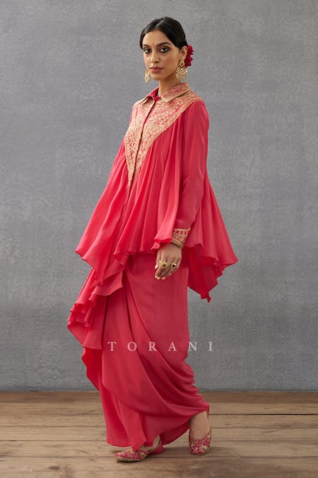 Torani Pink Cotton, Silk Embroidery, Sequins Collared Floral Kameez And Dhoti Set Online at Aza Fashions Torani_Pink Cotton, Silk Embroidery, Sequins Collared Floral Kameez And Dhoti Set _Online_at_Aza_Fashions