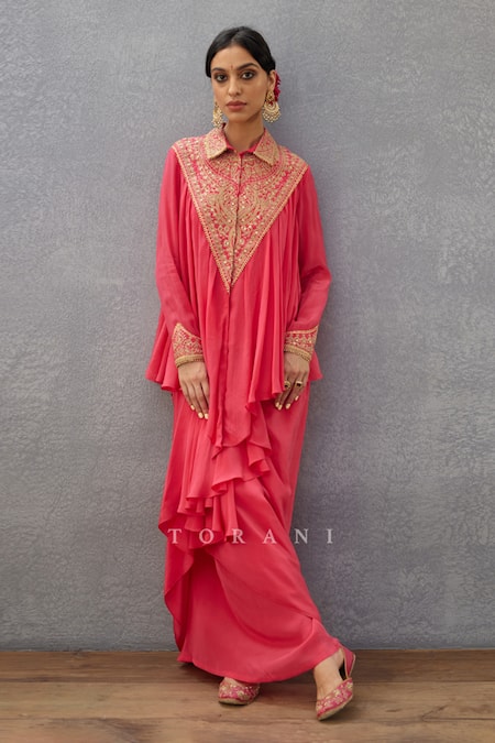 Shop Torani Pink Cotton, Silk Embroidery, Sequins Collared Floral Kameez And Dhoti Set Online at Aza Fashions Shop_Torani_Pink Cotton, Silk Embroidery, Sequins Collared Floral Kameez And Dhoti Set _Online_at_Aza_Fashions