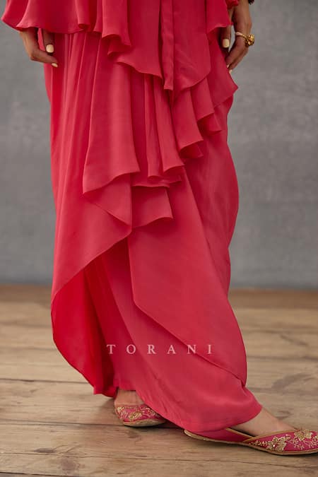 Torani Pink Cotton, Silk Embroidery, Sequins Collared Floral Kameez And Dhoti Set at Aza Fashions Torani_Pink Cotton, Silk Embroidery, Sequins Collared Floral Kameez And Dhoti Set _at_Aza_Fashions