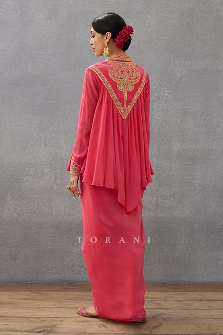 Shop Torani Pink Cotton, Silk Embroidery, Sequins Collared Floral Kameez And Dhoti Set at Aza Fashions Shop_Torani_Pink Cotton, Silk Embroidery, Sequins Collared Floral Kameez And Dhoti Set _at_Aza_Fashions