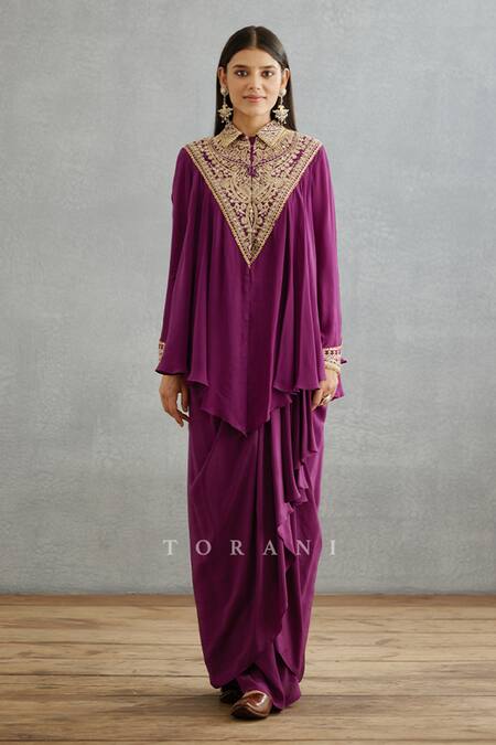 Torani Purple Cotton, Silk Gul Rez Saroja Kameez Shirt And Dhoti Draped Skirt Set Online at Aza Fashions Torani_Purple Cotton, Silk Gul Rez Saroja Kameez Shirt And Dhoti Draped Skirt Set _Online_at_Aza_Fashions