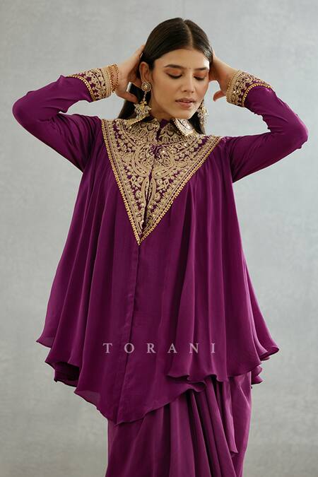 Shop Torani Purple Cotton, Silk Gul Rez Saroja Kameez Shirt And Dhoti Draped Skirt Set Online at Aza Fashions Shop_Torani_Purple Cotton, Silk Gul Rez Saroja Kameez Shirt And Dhoti Draped Skirt Set _Online_at_Aza_Fashions