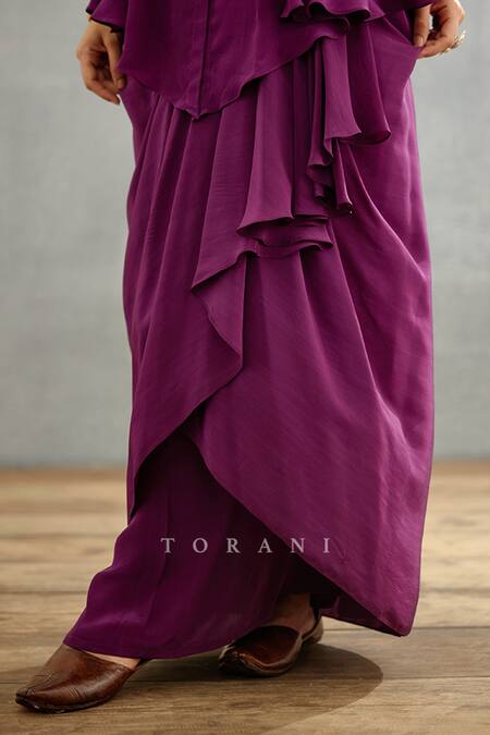 Torani Purple Cotton, Silk Gul Rez Saroja Kameez Shirt And Dhoti Draped Skirt Set at Aza Fashions Torani_Purple Cotton, Silk Gul Rez Saroja Kameez Shirt And Dhoti Draped Skirt Set _at_Aza_Fashions