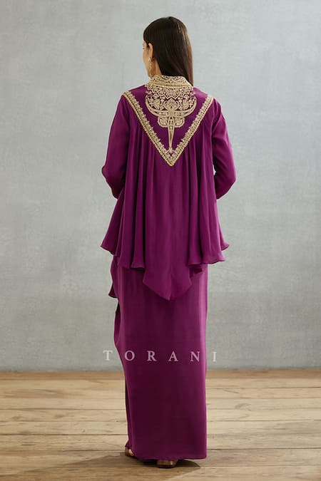 Shop Torani Purple Cotton, Silk Gul Rez Saroja Kameez Shirt And Dhoti Draped Skirt Set at Aza Fashions Shop_Torani_Purple Cotton, Silk Gul Rez Saroja Kameez Shirt And Dhoti Draped Skirt Set _at_Aza_Fashions