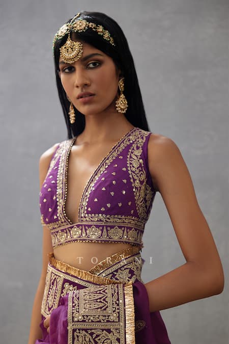 Shop Torani Purple Chanderi Sequins Plunge Neck Gul Rez Aarvi Handwoven Blouse Online at Aza Fashions Shop_Torani_Purple Chanderi Sequins Plunge Neck Gul Rez Aarvi Handwoven Blouse _Online_at_Aza_Fashions