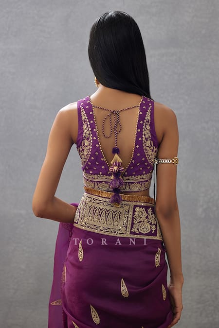 Shop Torani Purple Chanderi Sequins Plunge Neck Gul Rez Aarvi Handwoven Blouse at Aza Fashions Shop_Torani_Purple Chanderi Sequins Plunge Neck Gul Rez Aarvi Handwoven Blouse _at_Aza_Fashions