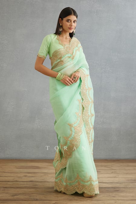 Shop Torani Green Silk Organza, Cotton Gul Neer Idika Scallop Border Embroidered Saree Online at Aza Fashions Shop_Torani_Green Silk Organza, Cotton Gul Neer Idika Scallop Border Embroidered Saree _Online_at_Aza_Fashions