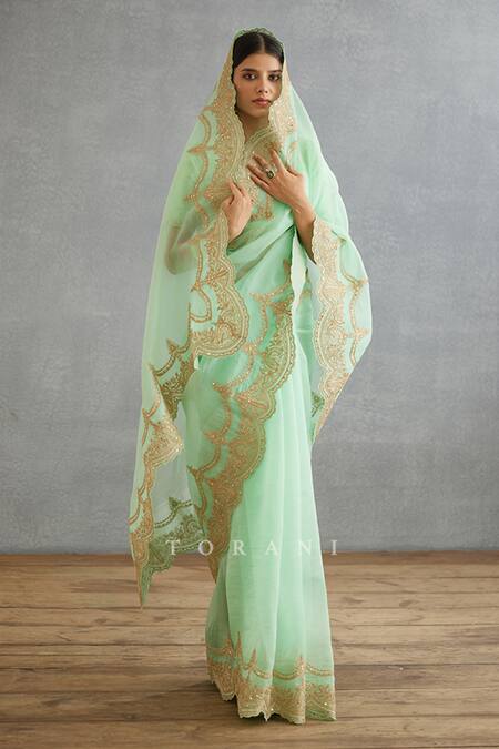 Torani Green Silk Organza, Cotton Gul Neer Idika Scallop Border Embroidered Saree at Aza Fashions Torani_Green Silk Organza, Cotton Gul Neer Idika Scallop Border Embroidered Saree _at_Aza_Fashions