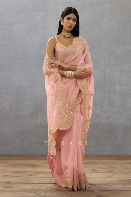 Shop Torani Pink Cotton, Silk Organza Sequins Gul Mohar Idika Border Embroidered Saree Online at Aza Fashions Shop_Torani_Pink Cotton, Silk Organza Sequins Gul Mohar Idika Border Embroidered Saree _Online_at_Aza_Fashions