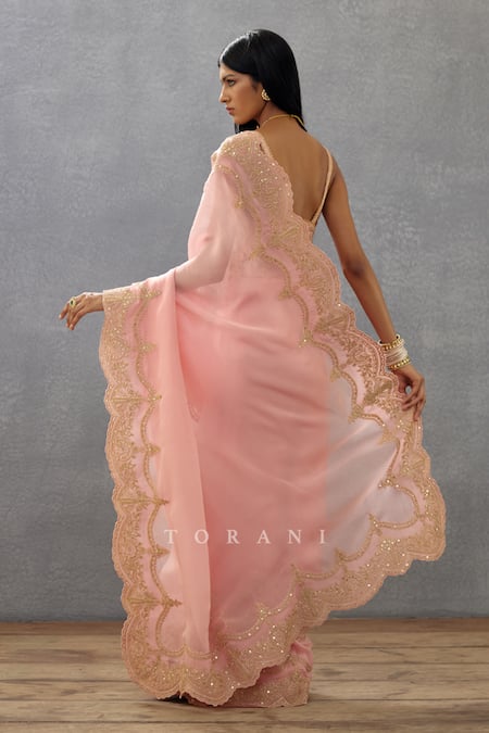 Shop Torani Pink Cotton, Silk Organza Sequins Gul Mohar Idika Border Embroidered Saree at Aza Fashions Shop_Torani_Pink Cotton, Silk Organza Sequins Gul Mohar Idika Border Embroidered Saree _at_Aza_Fashions
