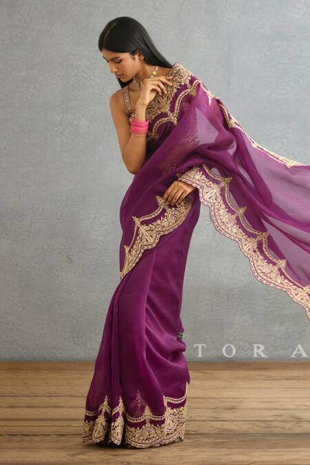 Torani Purple Cotton, Silk Organza Embroidery, Sequins Gul Rez Idika Dori Border Saree at Aza Fashions Torani_Purple Cotton, Silk Organza Embroidery, Sequins Gul Rez Idika Dori Border Saree _at_Aza_Fashions