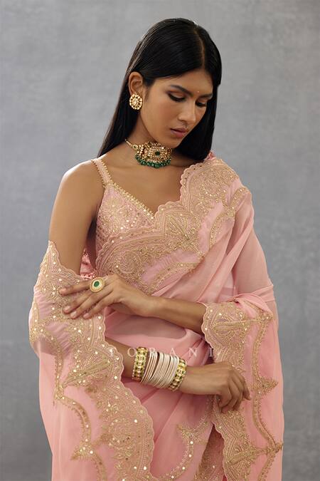 Torani Pink Cotton, Silk Embroidery Sweetheart Gul Mohar Idika Floral Border Blouse Online at Aza Fashions Torani_Pink Cotton, Silk Embroidery Sweetheart Gul Mohar Idika Floral Border Blouse _Online_at_Aza_Fashions