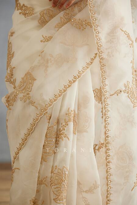 Torani_Ivory Silk Organza Hand Embroidery Dori Gul Bano Daavya Saree  _Online_at_Aza_Fashions