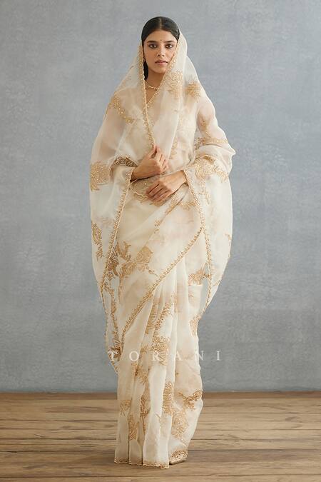 Torani_Ivory Silk Organza Hand Embroidery Dori Gul Bano Daavya Saree  _at_Aza_Fashions