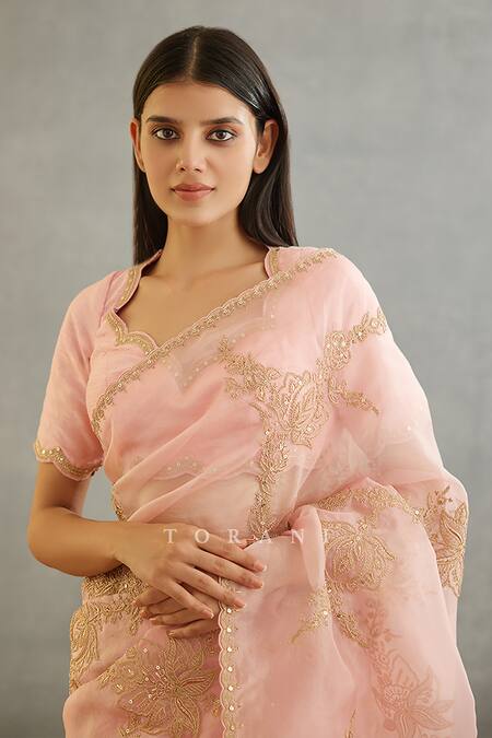 Buy Torani Pink Silk Organza Embroidery Gul Mohar Hand Daavya Saree Online at Aza Fashions Buy_Torani_Pink Silk Organza Embroidery Gul Mohar Hand Daavya Saree _Online_at_Aza_Fashions