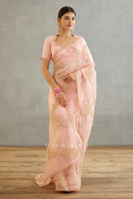 Shop Torani Pink Silk Organza Embroidery Gul Mohar Hand Daavya Saree Online at Aza Fashions Shop_Torani_Pink Silk Organza Embroidery Gul Mohar Hand Daavya Saree _Online_at_Aza_Fashions