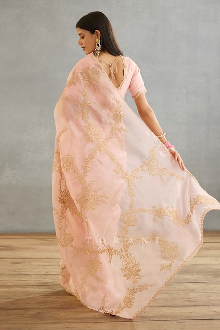 Shop Torani Pink Silk Organza Embroidery Gul Mohar Hand Daavya Saree at Aza Fashions Shop_Torani_Pink Silk Organza Embroidery Gul Mohar Hand Daavya Saree _at_Aza_Fashions