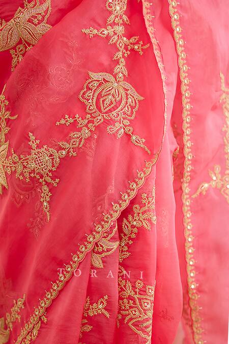 Torani_Pink Silk Organza Hand Embroidery Dori Gul Daavya Saree  _Online_at_Aza_Fashions