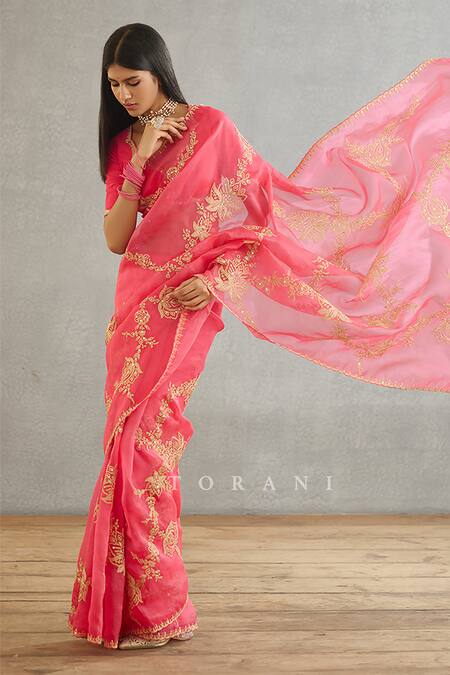 Shop_Torani_Pink Silk Organza Hand Embroidery Dori Gul Daavya Saree  _Online_at_Aza_Fashions