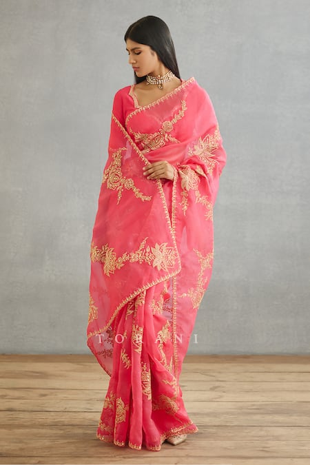 Shop_Torani_Pink Silk Organza Hand Embroidery Dori Gul Daavya Saree  _at_Aza_Fashions