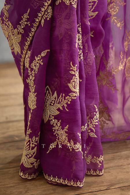 Torani_Purple Silk Organza Hand Embroidery Dori Gul Rez Daavya Saree  _Online_at_Aza_Fashions