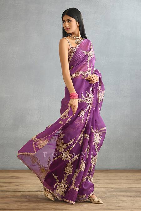 Buy_Torani_Purple Silk Organza Hand Embroidery Dori Gul Rez Daavya Saree  _Online_at_Aza_Fashions