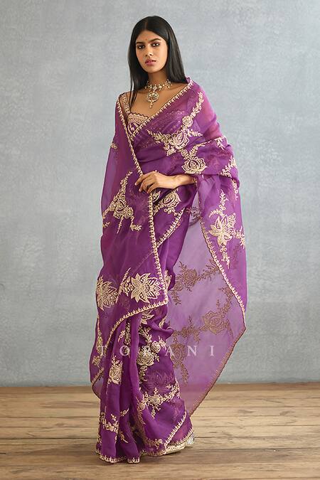 Torani_Purple Silk Organza Hand Embroidery Dori Gul Rez Daavya Saree  _at_Aza_Fashions